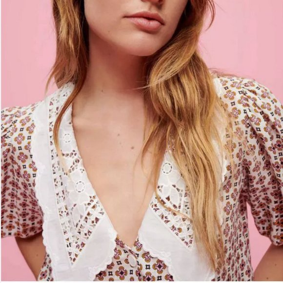 Maje Cosange Guipure Lace-Trimmed Printed Linen Blouse - Picture 7 of 16